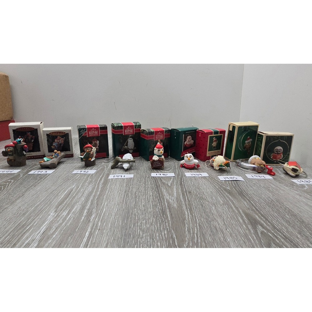 Vintage Hallmark Owl Ornament Lot 1983-1994 Owliver Series Christmas Boxed 9pc‎